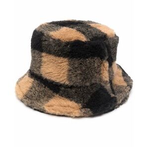 NWT Stand Studio Wera Faux Fur Check Bucket Hat Black Nougat Tan Kids XS 6-8Y